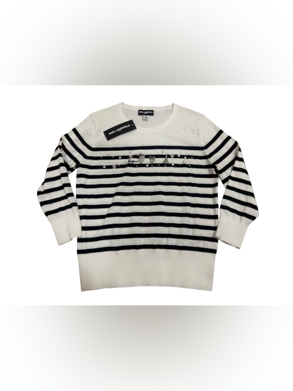 NWT Karl Lagerfeld Paris Striped Sweater Womens M White Black Eiffel Tower Pearl